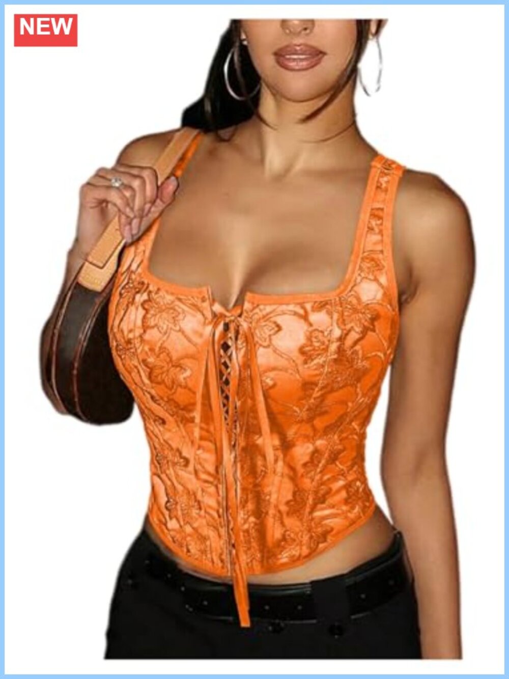 GORGLITTER Floral Embroidered Lace Up Square Neck Crop Tank Top